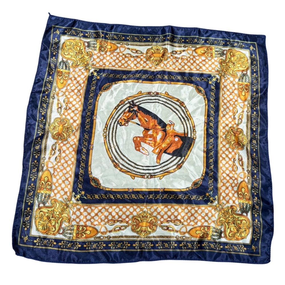 Vintage Equestrian Horse Chain Print Square Scarf Navy Blue Gold Silk Feel 21in